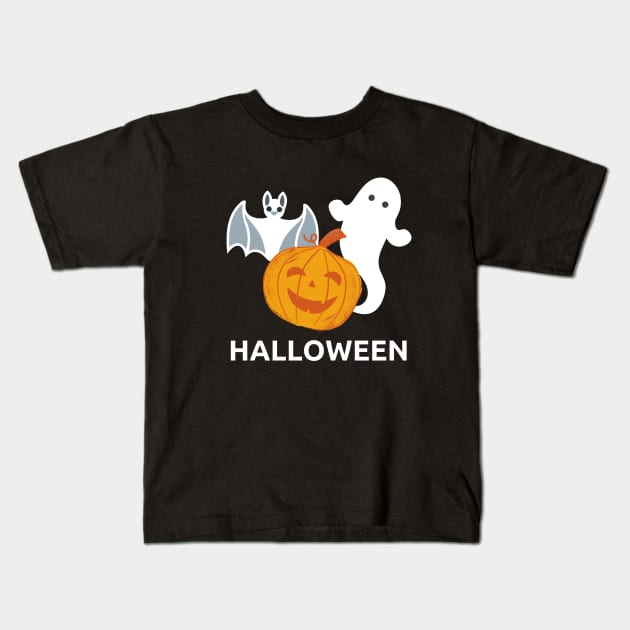 A Ghost, A Bat and A Friendly Pumpkin Kids T-Shirt by Susy Maldonado illustrations